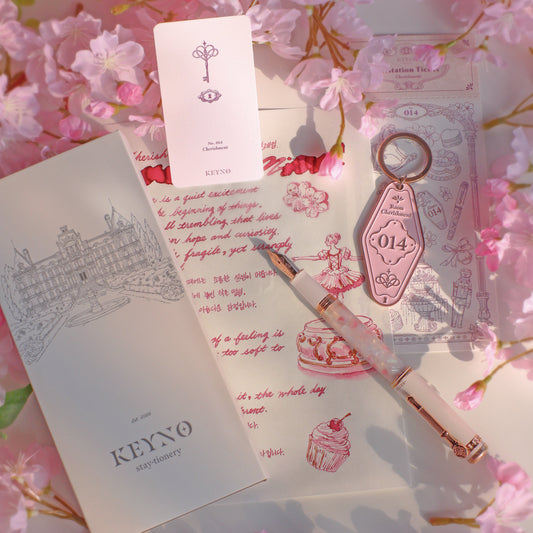 Keyno.Stationery No.014 Cherishment fountain pen with everything included in the box - a keyring, a post card, and a warranty card