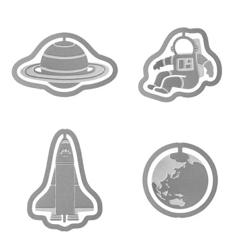 space-themed etching paper clips with saturn, astronaut, earth, and rocket shpip