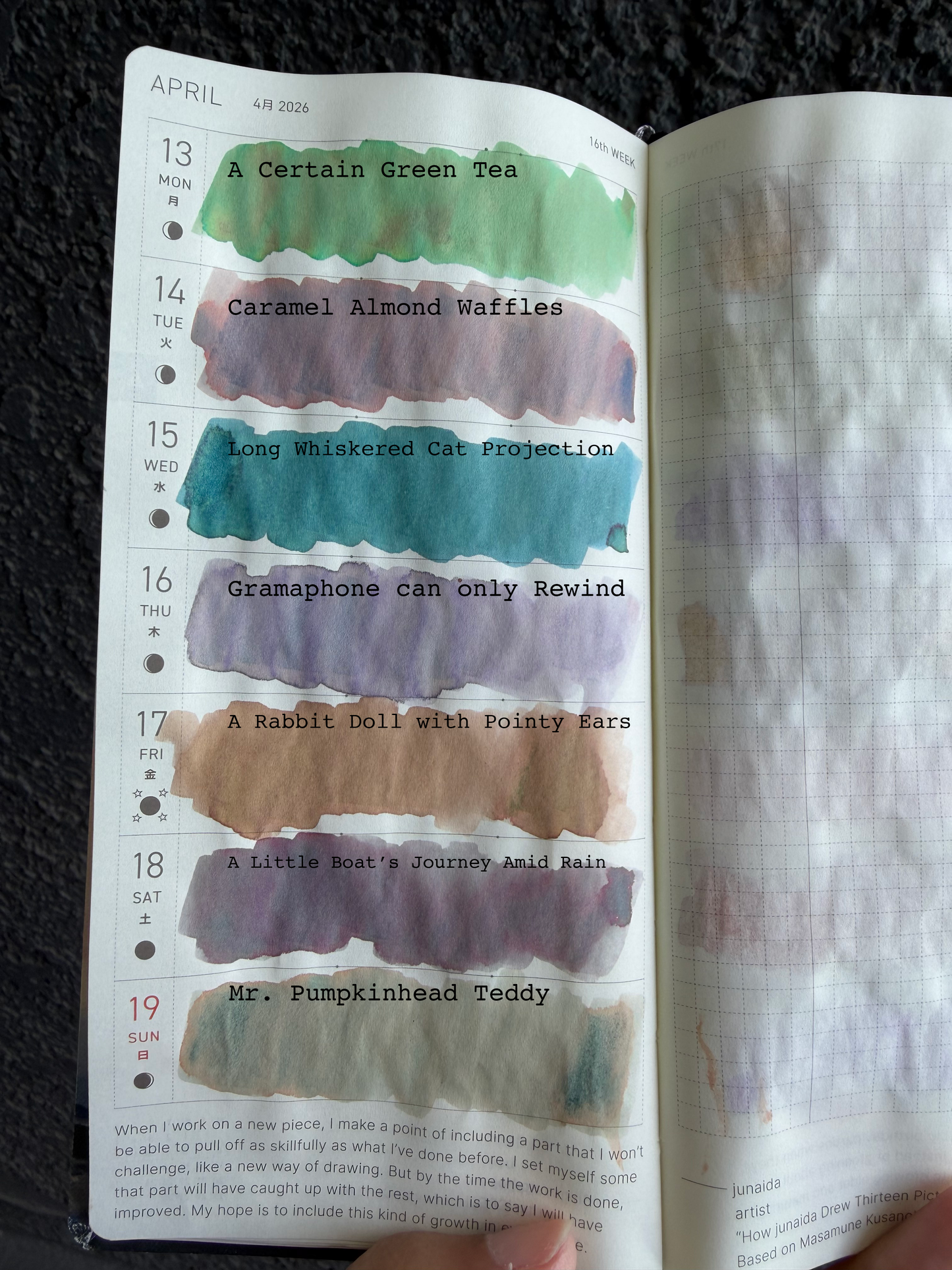 kitty inkpot swatches on tomoe river paper in a hobonichi weeks. A certain green tea, caramel almond waffles, long whiskered cat projection, gramaphone can only rewind, a rabbit doll with pointy ears, a little boat's journey amid rain, Mr. Pumpkinhead teddy