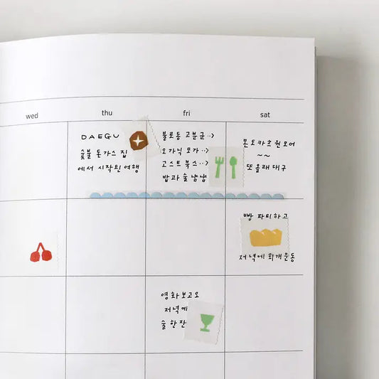 Suatelier 711 Illustr.07 Home Goods Masking Tape on a planner. Bread, forks, cherries