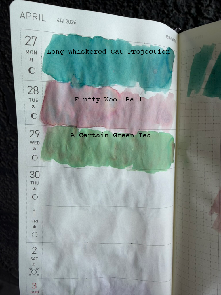 Kitty Inkpot Fluffy Wool Ball, Long Whiskered Cat Projection, and A certain green tea swatches on tomoe river paper in a hobonichi weeks