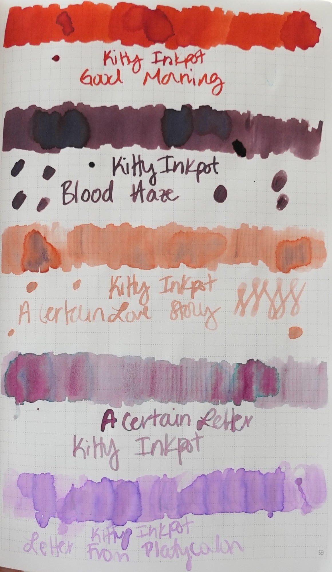 Kitty Inkpot Good Morning, Blood Haze, A Certain Love Story, A Certain Letter, and Letter from Platycodon swatches on grid paper