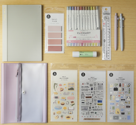 The Newbie Junk Journaler pink pack flat lay — all 11 items on white surface