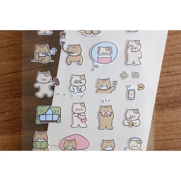 Cat couple 1176 goyami and goyami sticker sheet where they do daily routines on a desk. Working, bedtime procrastination, taking naps, listening to music, and more.
