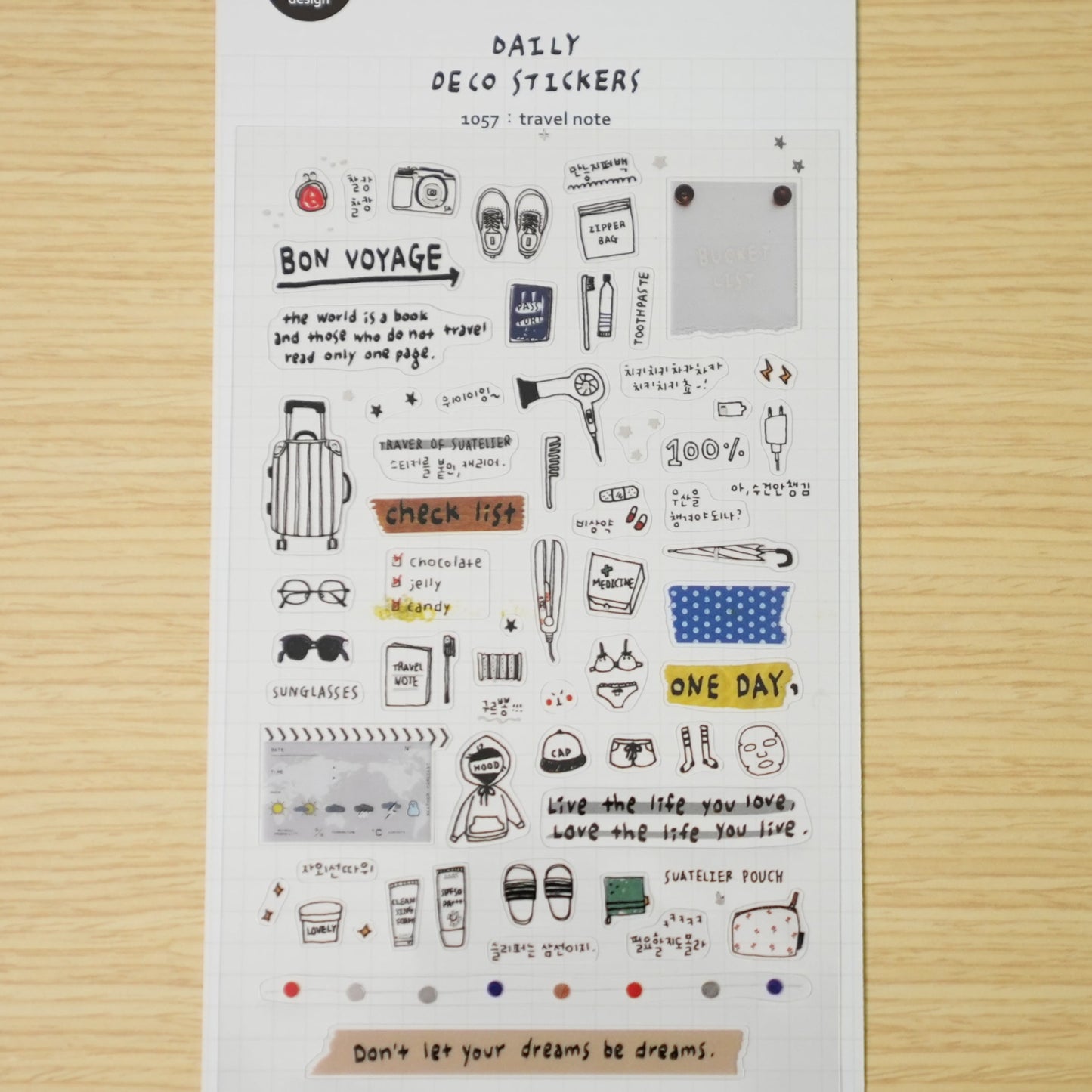 Suatelier No.1057 Travel Note stickers with on a wooden desk. 