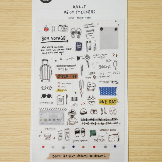 Suatelier No.1057 Travel Note stickers with on a wooden desk. 