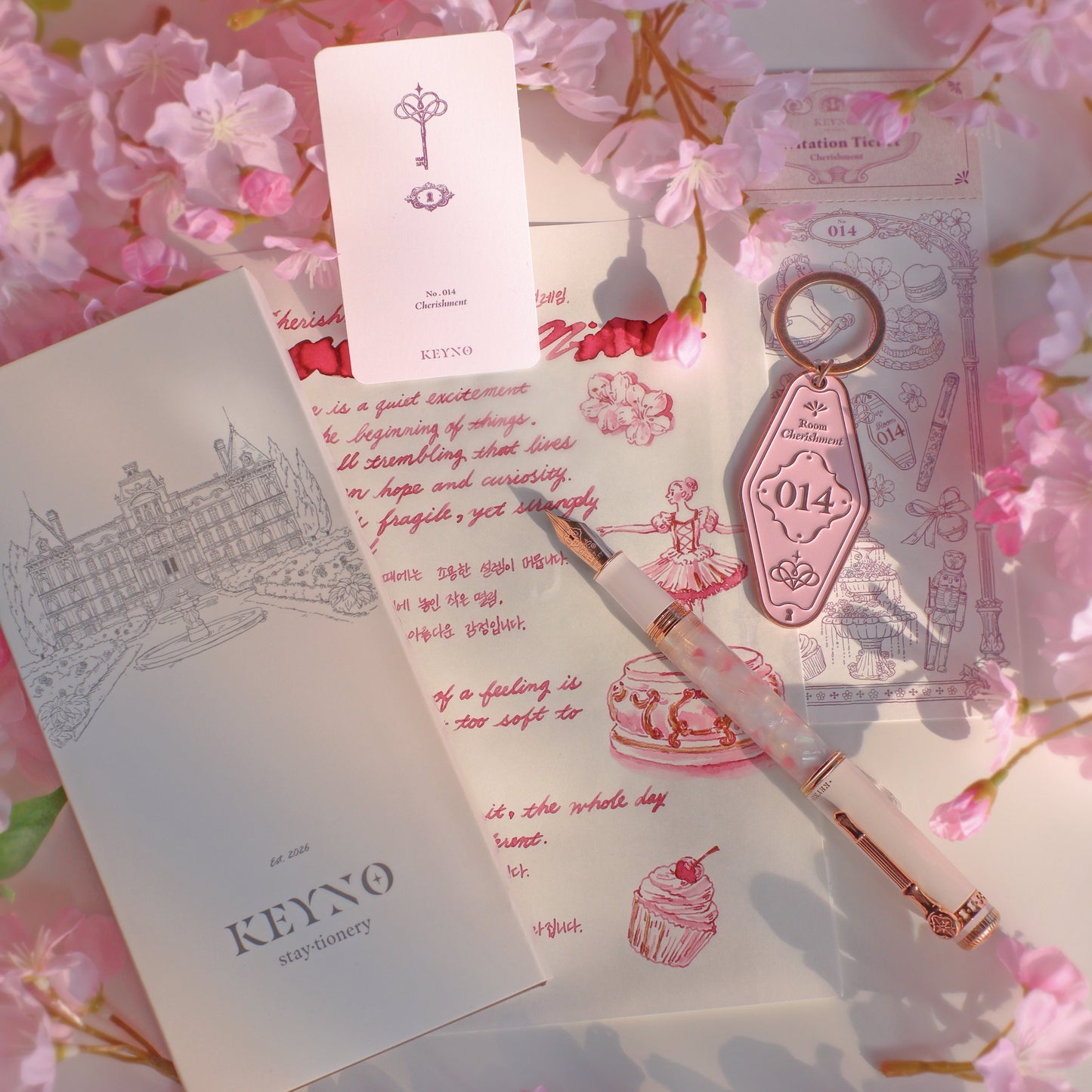 Keyno.Stationery No.014 Cherishment fountain pen with everything included in the box - a keyring, a post card, and a warranty card