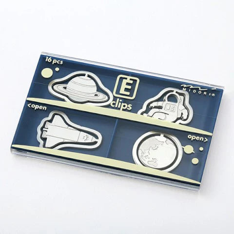 Science-themed etching paper clips with microscope space and astronaut engraved designs