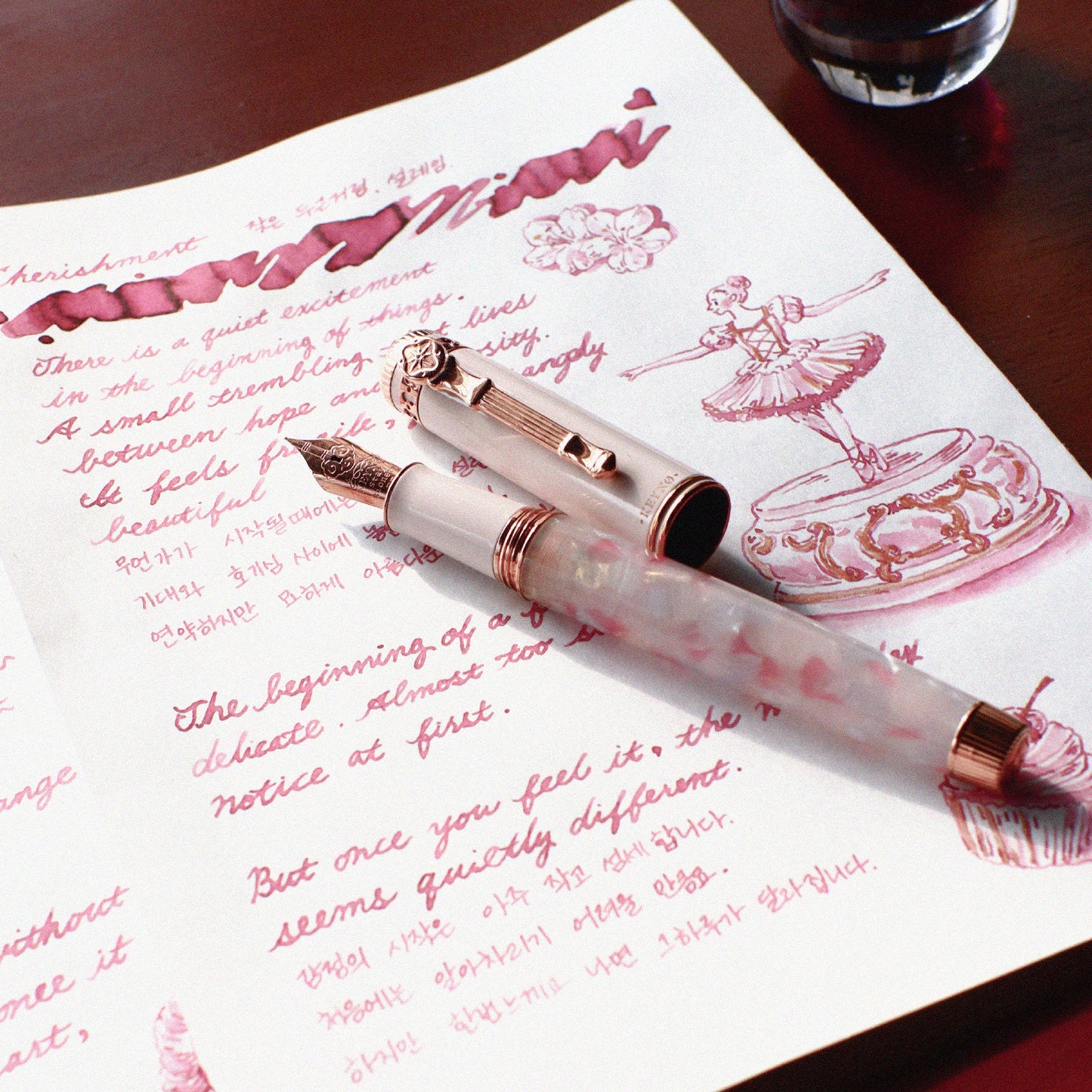 Keyno.Stationery No.14 Cherishment fountain pen on a notebook written with  No.14 Cherishment ink