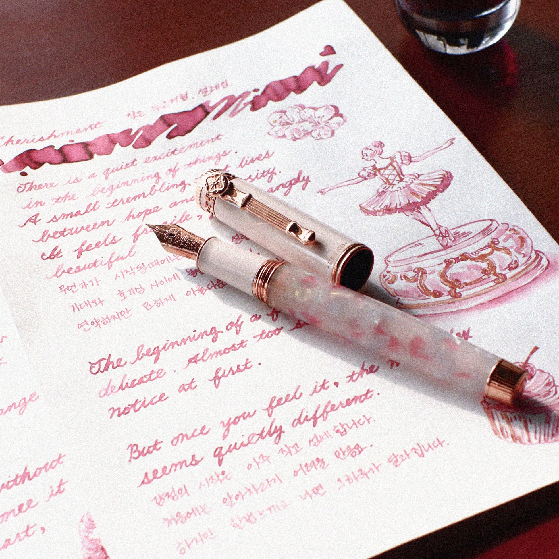 Keyno.Stationery No.14 Cherishment fountain pen on a notebook written with  No.14 Cherishment ink