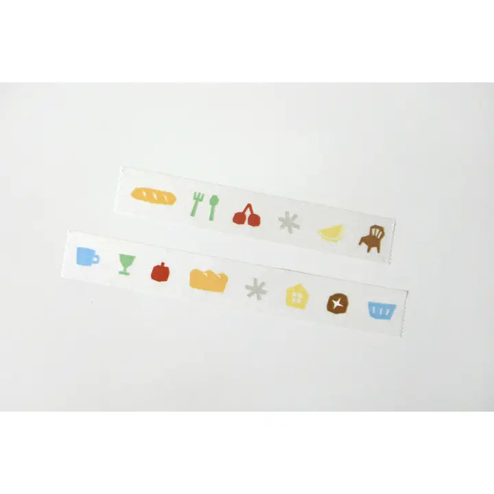 Suatelier 711 Illustr.07 Home Goods Masking Tape open. Baguette, fork, spoon, cherry, lemon, chair, glass, cup, asterisk/star, house, sourdough bread, basket