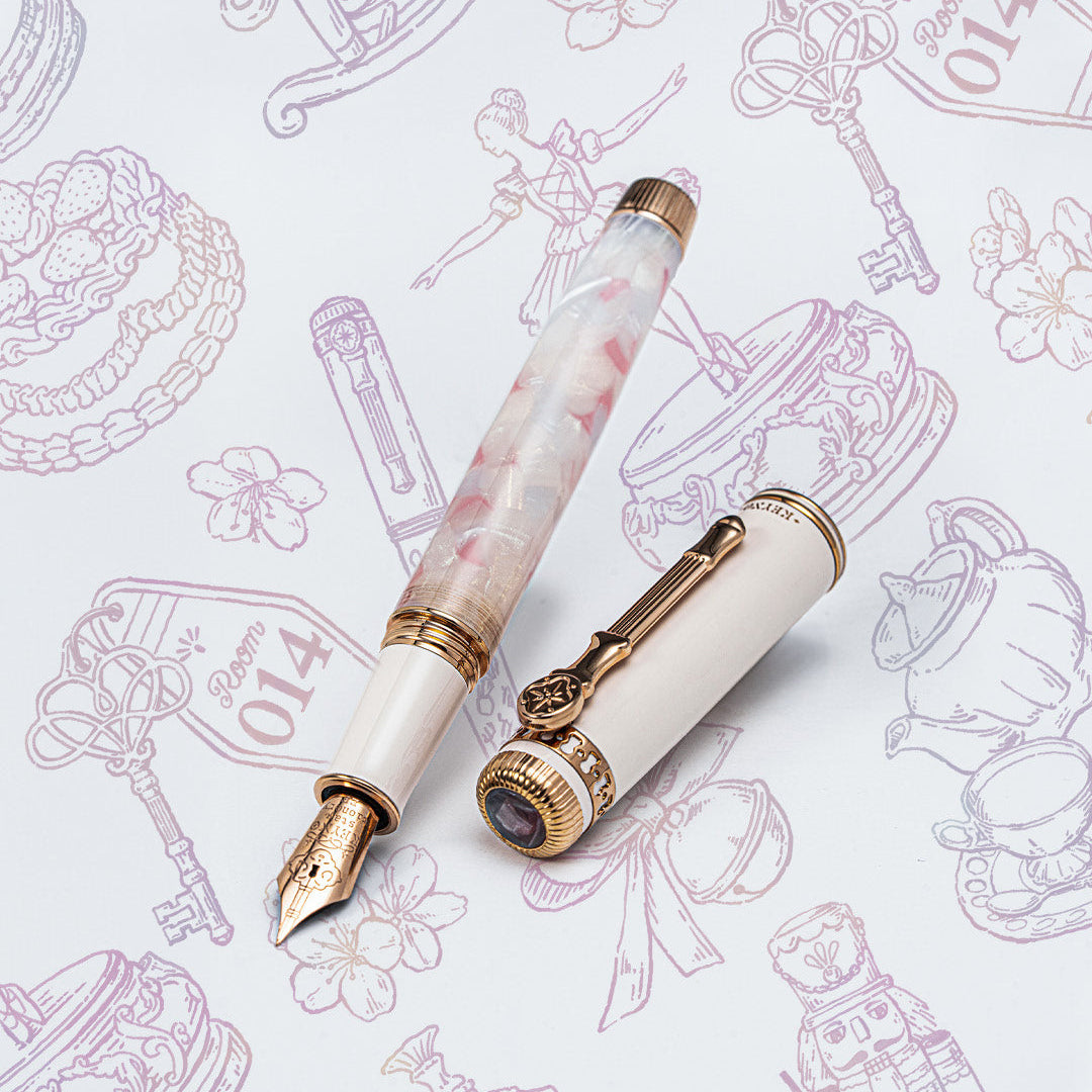 Keyno.Stationery No.14 Cherishment fountain pen on a themed background