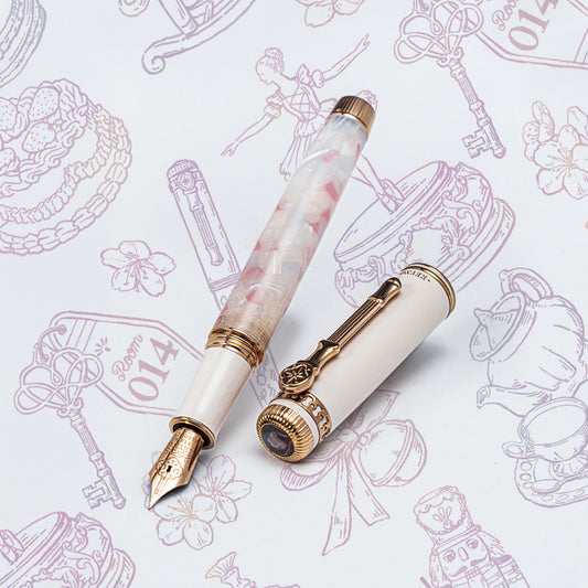 Keyno.Stationery No.14 Cherishment fountain pen on a themed background