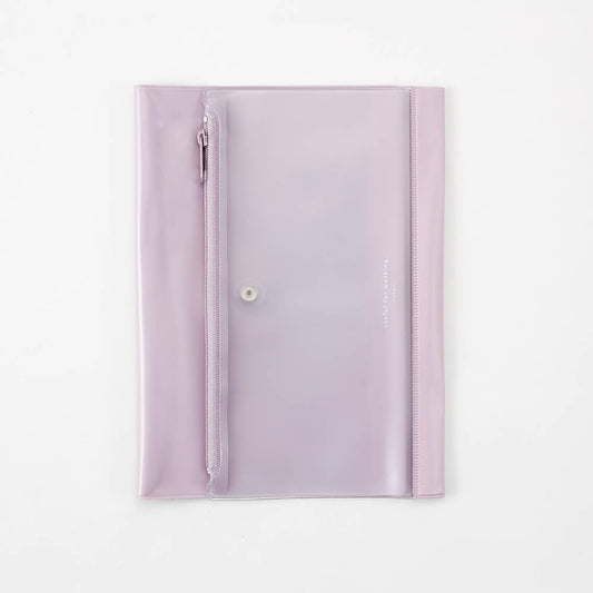 pink Isshoni PVC A5 notebook cover with pen case attached showing clear material