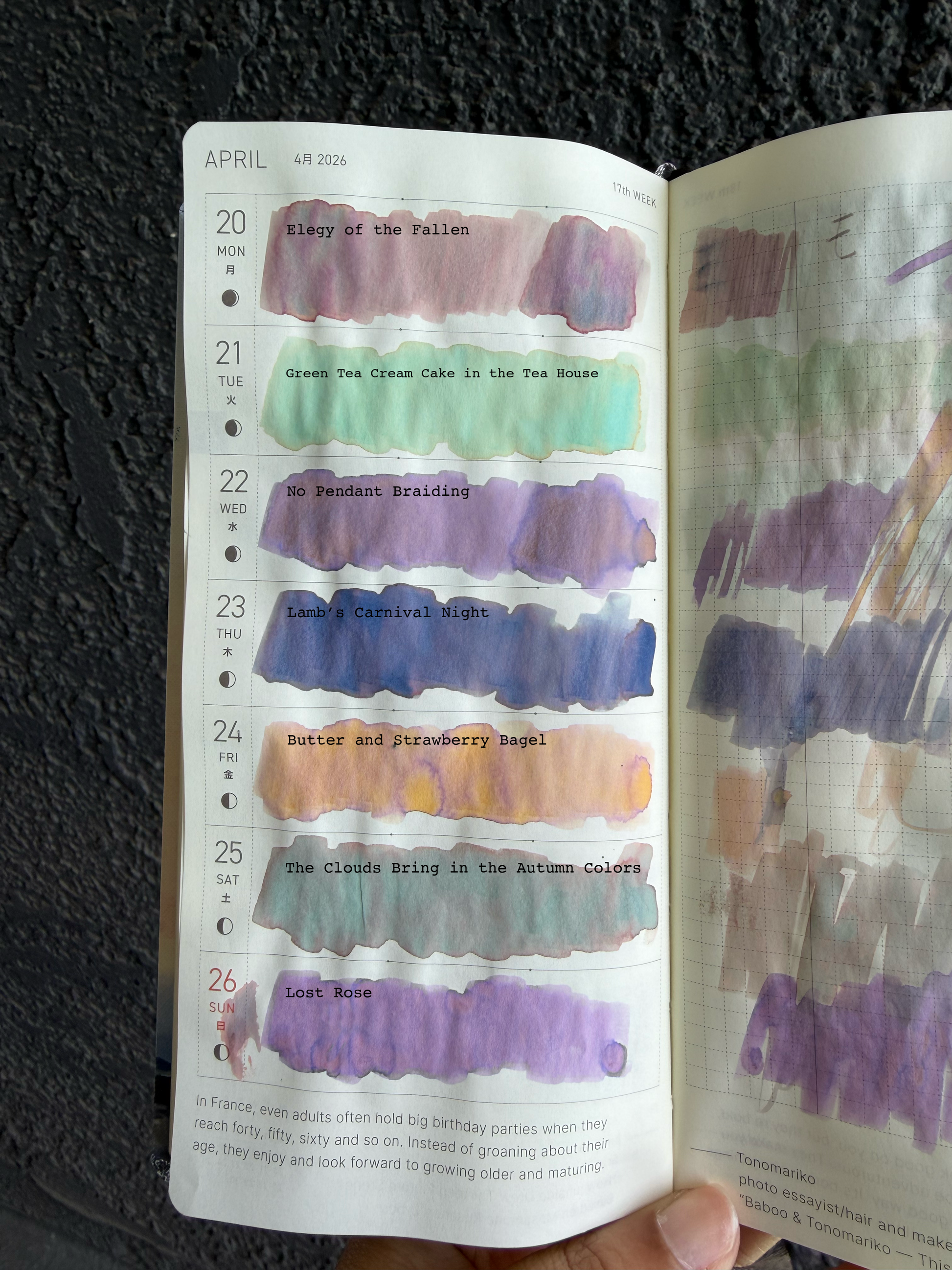 Kittyinkpot swatches on tomoe river paper in hobonichi. Elegy of the fallen, green tea cream cake in the tea house, no pendant braiding, lamb;s carnival night, butter and strawberry bagel, the clouds bring in the autumn colors, lost rose