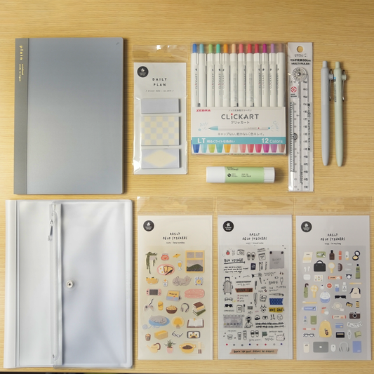 The Newbie Junk Journaler blue pack flat lay — all 11 items on white surface