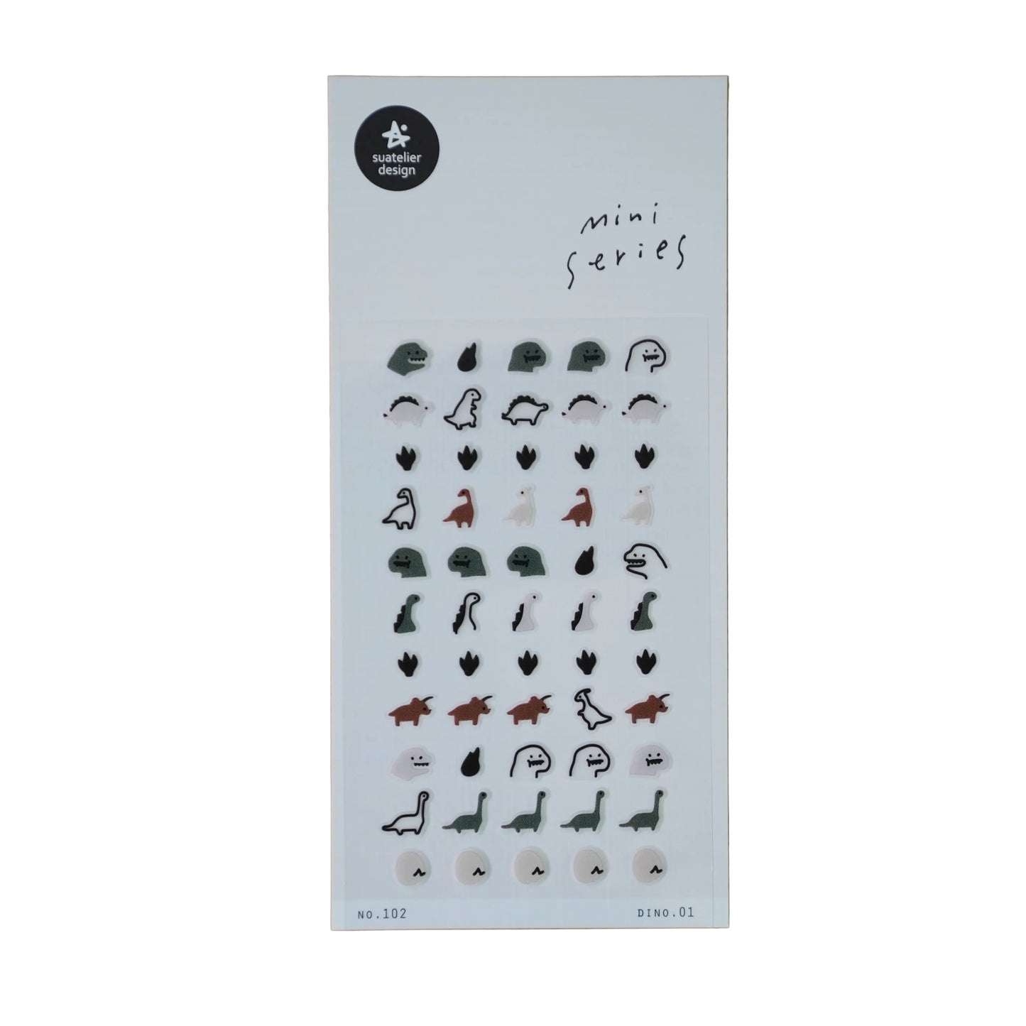 Suatelier mini sticker sheet No.102 Dino.01 — illustrated dinosaur stickers in sage, rust, cream, and black