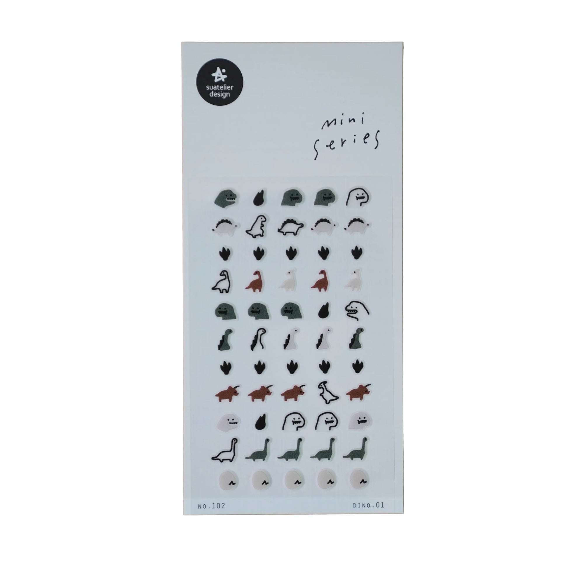 Suatelier mini sticker sheet No.102 Dino.01 — illustrated dinosaur stickers in sage, rust, cream, and black