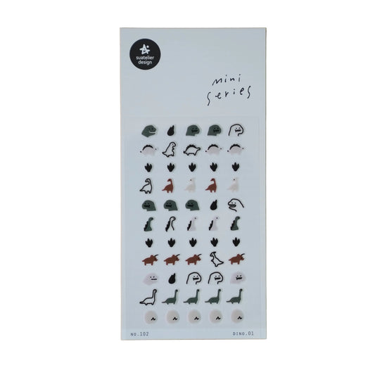 Suatelier mini sticker sheet No.102 Dino.01 — illustrated dinosaur stickers in sage, rust, cream, and black
