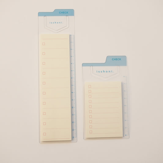 Isshoni. Bookmark Index Sticky Notes in blue. One mini, one full sized. Both mounted on blue ruler bookmarks with a to-do list. 