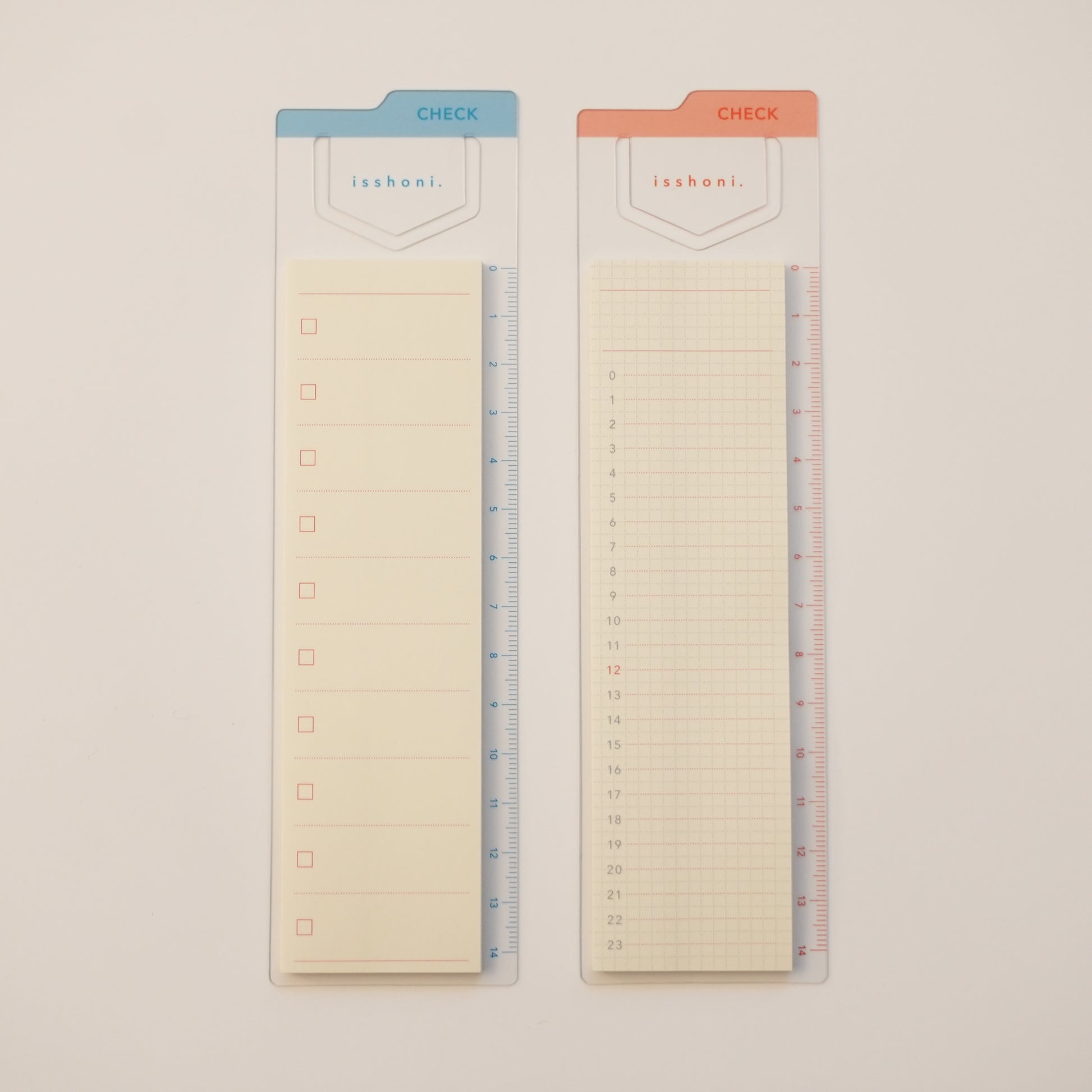 Isshoni. Bookmark Index Sticky Notes. One mounted on a blue ruler bookmark with a to-do list, the other mounted on a red ruler bookmark with a daily schedule.