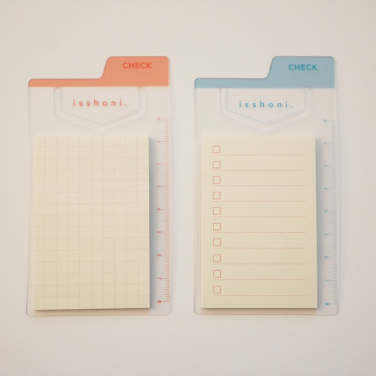 Isshoni. Bookmark Index Sticky Notes mini. One mounted on a blue ruler bookmark with a to-do list, the other mounted on a red ruler bookmark with red grid paper.