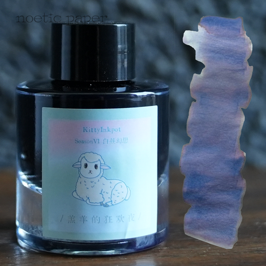 Kitty Inkpot Lamb's carnival night in the Tea House on a desk with a swatch next to it. 
