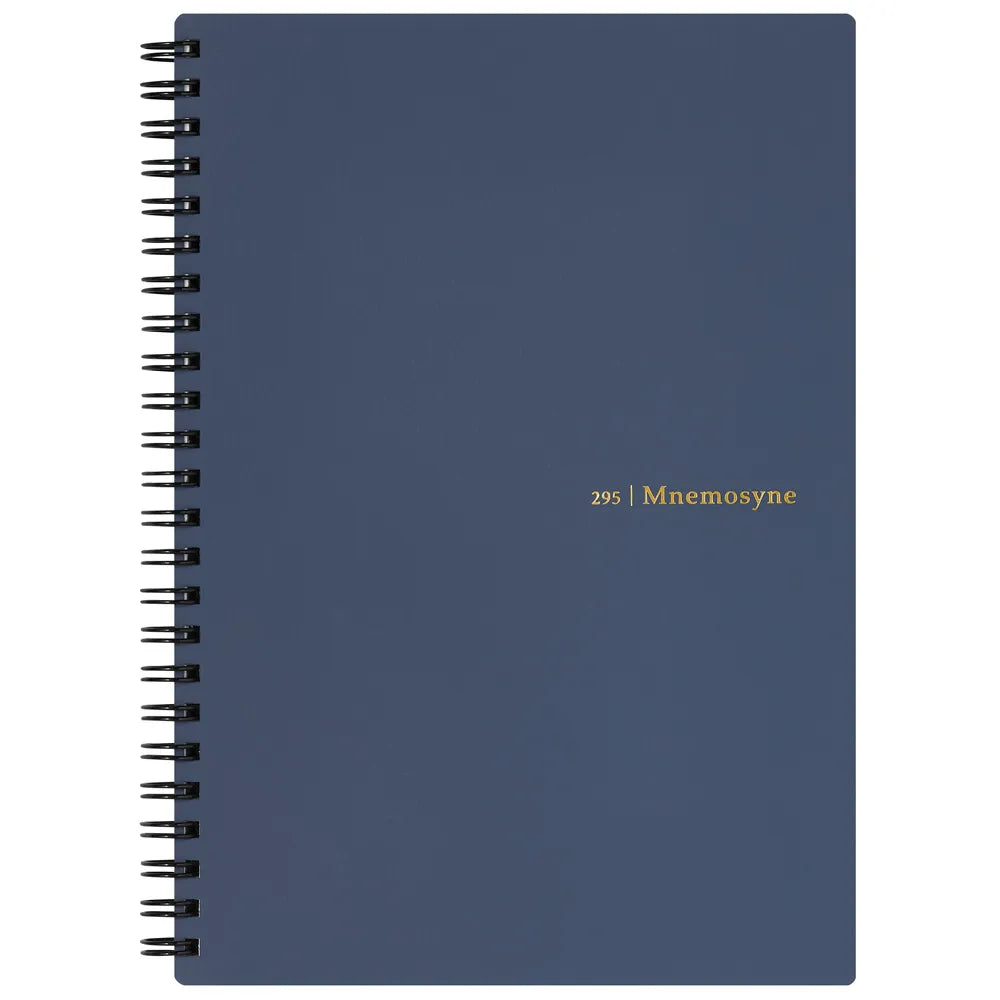 Maruman Mnemosyne A5 soft cover ruled notebook showing front cover design in navy blue