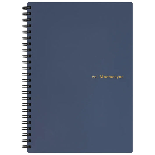 Maruman Mnemosyne A5 soft cover ruled notebook showing front cover design in navy blue