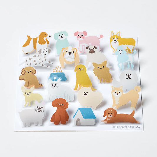 Hitotoki Pop Up Stickers with different breeds of dogs on a white background. Bull dogs, corgis, poodles, dalmations, and more