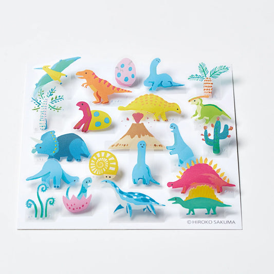 Hitotoki Pop Up Stickers with different dinosaurs and a volcano on a white background.