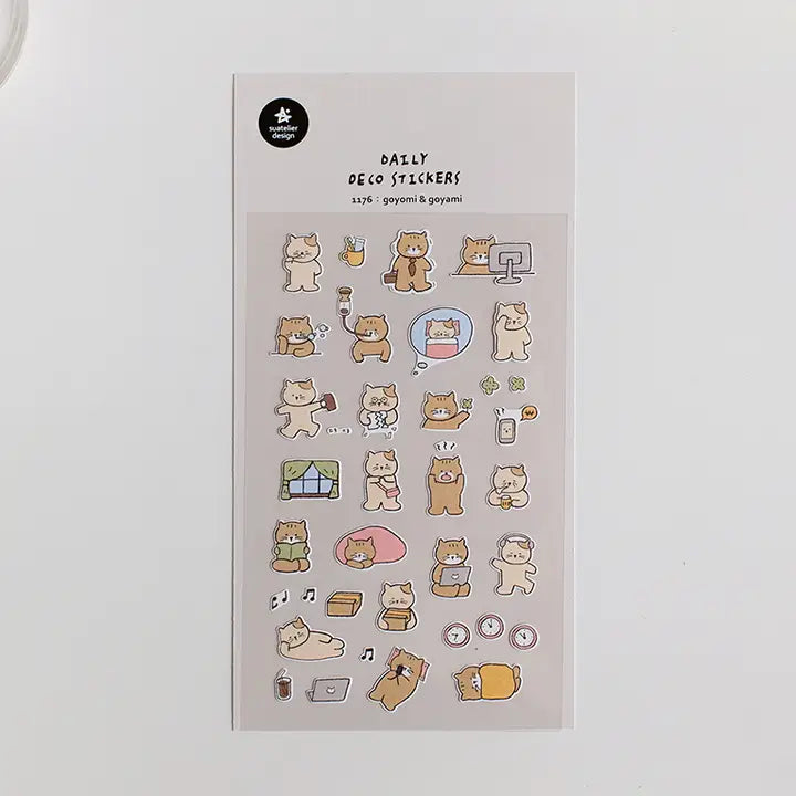 Cat couple 1176 goyami and goyami sticker sheet where they do daily routines on a white background. Working, bedtime procrastination, taking naps, listening to music, and more.