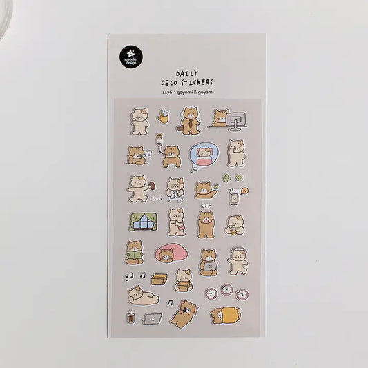 Cat couple 1176 goyami and goyami sticker sheet where they do daily routines on a white background. Working, bedtime procrastination, taking naps, listening to music, and more.
