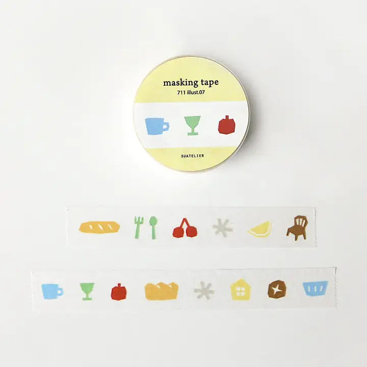 Suatelier 711 Illustr.07 Home Goods Masking Tape open. Baguette, fork, spoon, cherry, lemon, chair, glass, cup, asterisk/star, house, sourdough bread, basket
