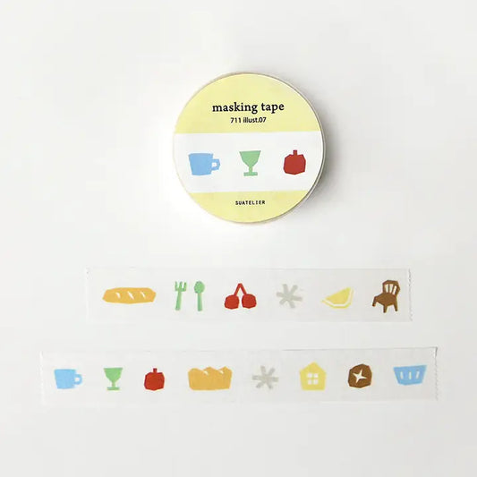 Suatelier 711 Illustr.07 Home Goods Masking Tape open. Baguette, fork, spoon, cherry, lemon, chair, glass, cup, asterisk/star, house, sourdough bread, basket