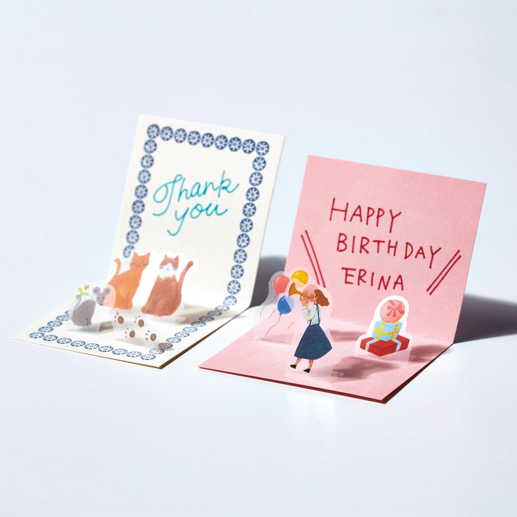 Hitotoki Pop Up Stickers on thank you and birthday cards on a white background.