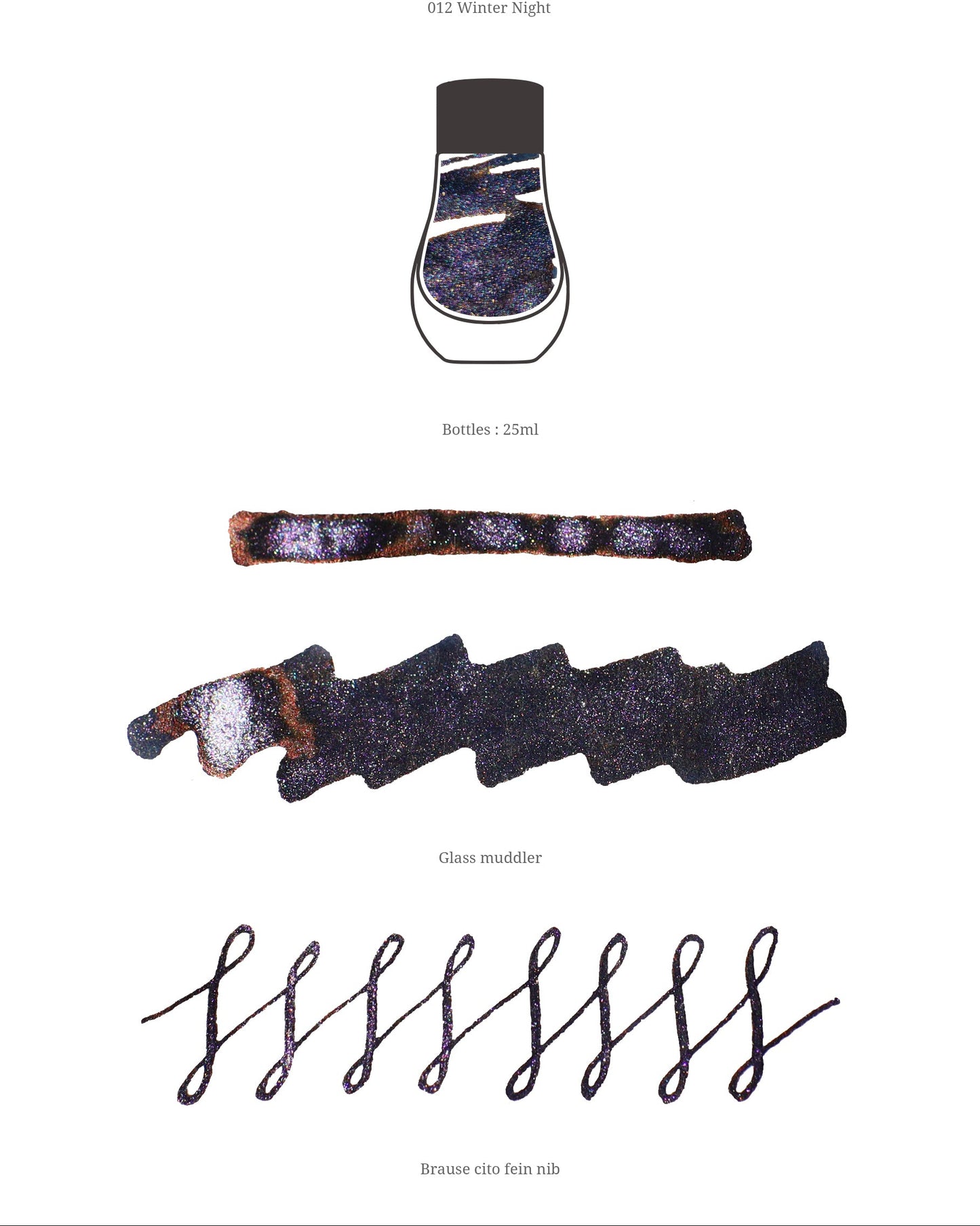 Dominant Industry Winter Night fountain pen ink. Deep blue-black with purple shimmer and brown sheen from the Pearl Series. 25ml swatches
